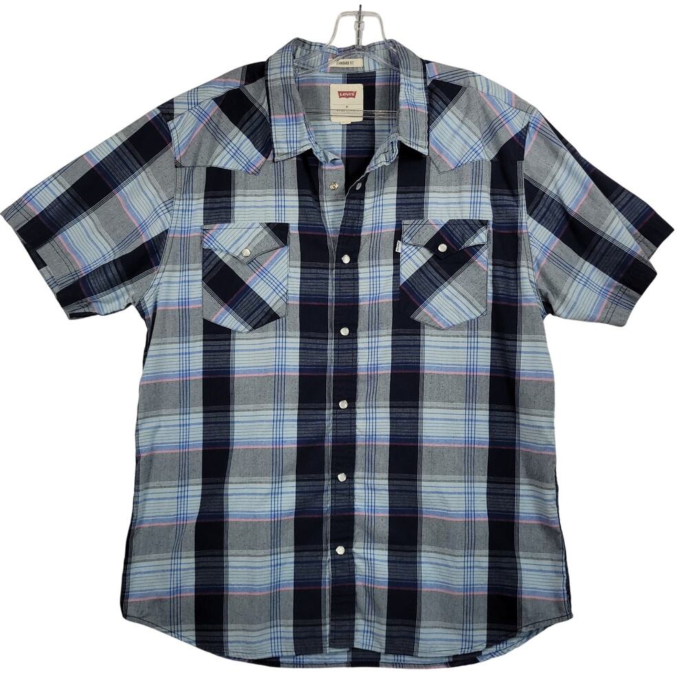 Levi's Standard Fit Blue Plaid Pearl Snap Western Show Short Sleeve Size XL